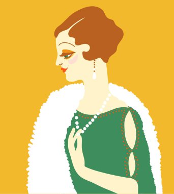 1920 'li yaşlarda, yeşil moda elbisesi ve beyaz kürk aksesuarlı güzel bir kadın. Kahverengi saçlı vektör retro kadın. 