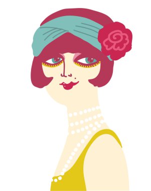 1920 'li yılların modasına uygun bir elbise giymiş eski moda gözlüklü kız. Beyaz arka planda modaya uygun aksesuarları olan vektör retro kadın