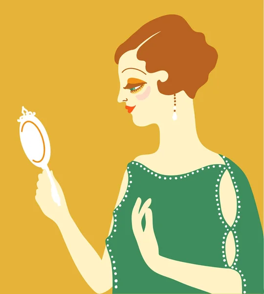 古色古香的女人20世纪20年代风格的绿色时装 有棕色头发的矢量复古女人看起来很像镜子 — 图库矢量图片