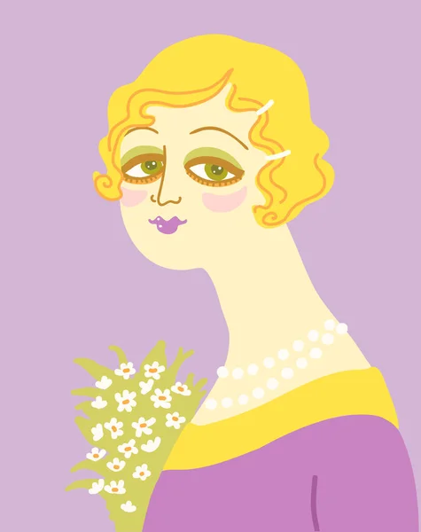 Retrato Mujer Vintage Moda Estilo 1920 Con Flores Vector Estilo — Vector de stock