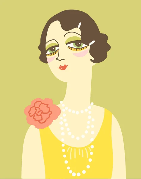 20世纪20年代风格时尚服装中的老式女性肖像 带有发丝和珠子的矢量复古风格的弹片女孩 — 图库矢量图片