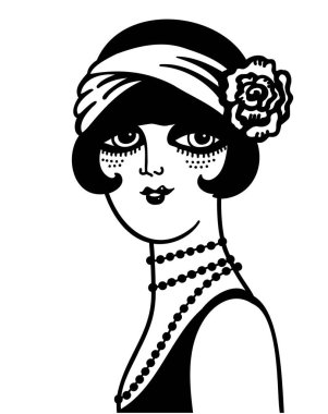 1920 'li yılların modasına uygun bir elbise giymiş eski moda gözlüklü kız. Tasarım için beyaz arkaplanda izole edilmiş modaya uygun aksesuarları olan vektör retro kadın