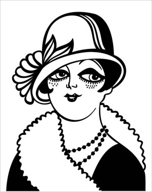 1920 'lerdeki klasik kadın portresi. Cloche şapkası ve kışlık kürk mantoyla moda. Beyaz renkte izole edilmiş vektör retro tarzı flapper kız