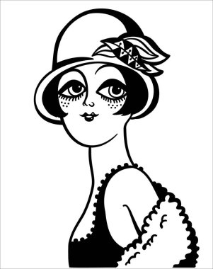 1920 'lerdeki klasik kadın portresi. Cloche şapkası ve elbisesi ile moda. Beyaz renkte izole edilmiş vektör retro tarzı flapper kız