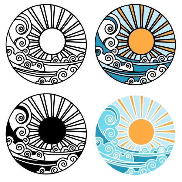 Sonne Und Wellen Symbol Logo Vektor Symbol Illustration Umreißen Stil — Stockvektor