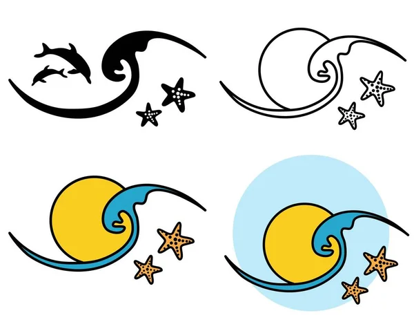 Набір Значків Сонця Хвиль Логотип Векторний Символ Ілюстрація Контур Стилю — стоковий вектор