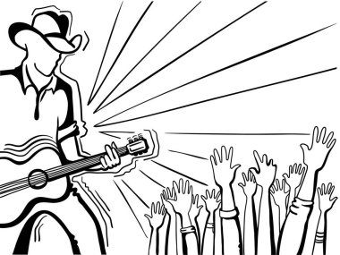 Gitar çalan müzisyen country müzik festivali. Kovboy şapkalı ve müzik arka planında hayranları olan vektör gitarist.