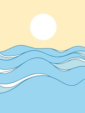 Baskı veya tasarım için vektör deniz dalgaları ve güneş hatları grafik çizimi arka planı. Deniz manzarası soyut mavi dalgalar beyaz üzerinde izole