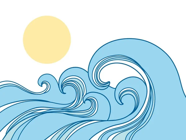 矢量海浪和太阳轮廓图解背景 用于印刷或设计 海景抽象蓝波与白色隔离 — 图库矢量图片