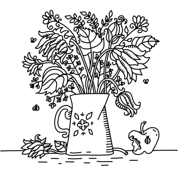 Vaso Flores Está Mesa Desenho Scetch Preto Branco Ilustração Isolada — Vetor de Stock