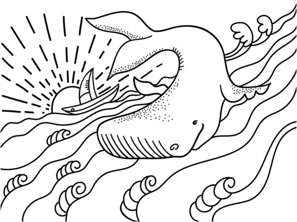 El çizimi balina vektör çizimi deniz dalgaları ve gemi çizimi. Vektör dalgalı okyanus çizgileri tasarım ve baskı için sanat