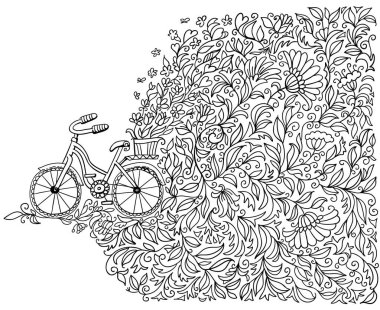 Bisiklet el çizimi vektör çizimi çizimi çizimi. Sepet şeklinde çiçek süslemeli bisiklet tebrik kartı, baskı, reklam ya da düğün kartı için beyaza izole edilmiş.