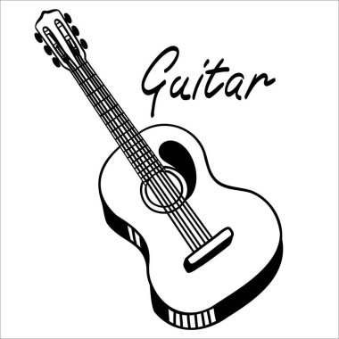 Akustik gitar taslağı taslak vektör çizimi ve beyaz üzerine izole edilmiş müzik metni.