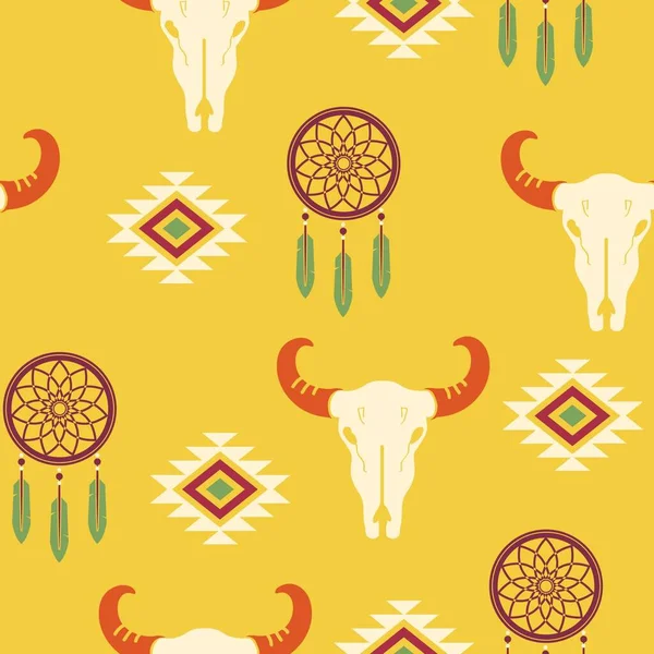 ネイティブアメリカの民族のBohoパターンシームレスなAztecイラスト 牛の頭蓋骨と夢のキャッチャーと野生の西 Dreamcatcher Boho Chic Yellow Background — ストックベクタ