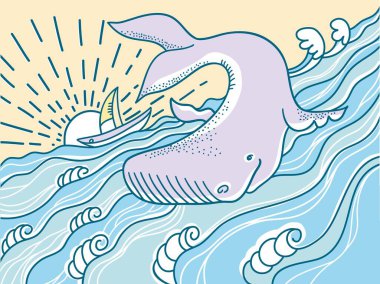 El çizimi balina vektör çizimi deniz dalgaları ve gemi çizimi. Vektör rengi dalgalı okyanus çizgileri tasarım için sanat eseri, yazdırma