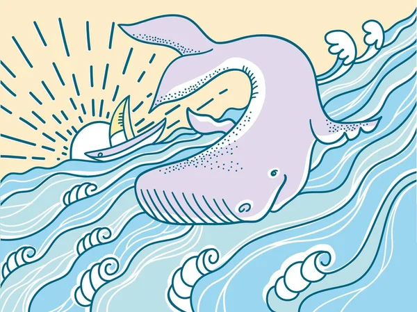 Illustration Vectorielle Baleine Dessinée Main Des Vagues Mer Navire Vecteur — Image vectorielle