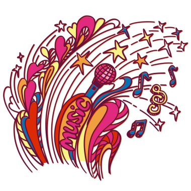 Beyaz üzerine izole edilmiş mikrofon ve müzelik rock dekorasyonlarıyla müzik karalama renk arkaplanı