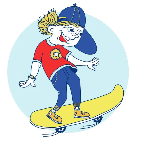 スケートボードのベクトルカラーイラスト 男の子十代の若者たちジャンプオンスケートボード漫画ベクトルキャラクター手書きイラストライト上の白 — ストックベクタ