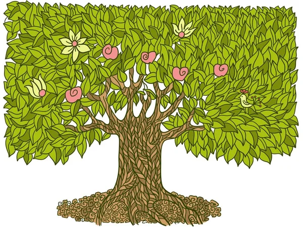Scarabocchio Disegnato Mano Grande Albero Con Frutti Foglie Verdi Vettore — Vettoriale Stock