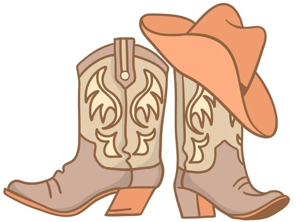 Botas Vaqueras Occidentales Sombrero Ilustración Gráfica Dibujada Mano Aislada Blanco — Vector de stock