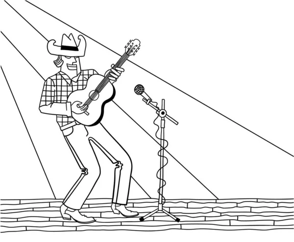 Fondo Música Country Hombre Vistiendo Traje Vaquero Guitarrista Línea Vectorial — Vector de stock