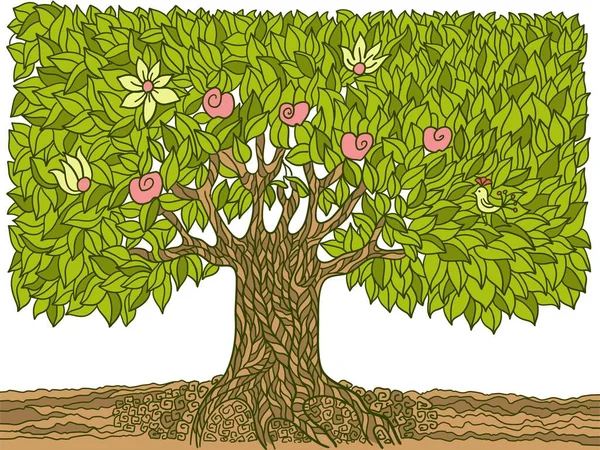 Χέρι Ζωγραφισμένο Doodle Μεγάλο Δέντρο Φρούτα Και Λουλούδια Διάνυσμα Αφηρημένη — Διανυσματικό Αρχείο