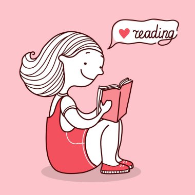 Kitap okuyan genç bir kadın. Vektör el, kitap okuyan genç bir kızla pembe kart çizimi 