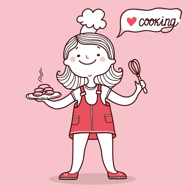 漂亮的女孩做饭卡 用年轻厨师支持的矢量粉卡背景图 — 图库矢量图片