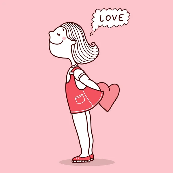 若い女性は恋に落ちる ベクトル手描きピンクカードイラストともに十代の女の子とピンクハート愛グリーティングカード — ストックベクタ