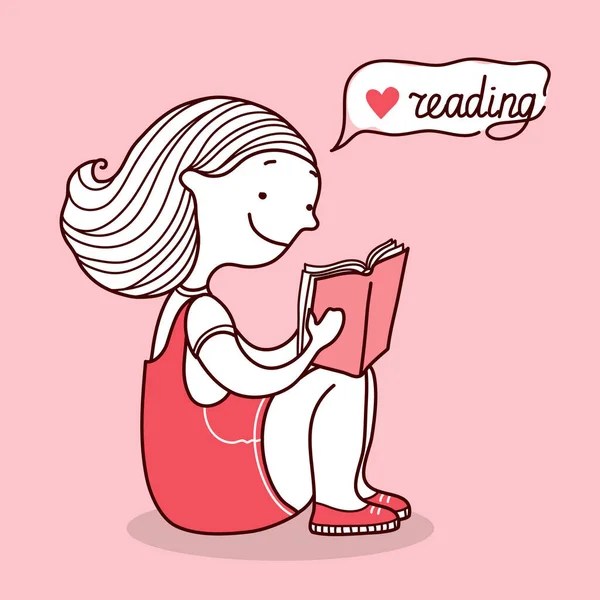 年轻女人在看书 矢量手绘粉红卡片插图与少女看书 — 图库矢量图片