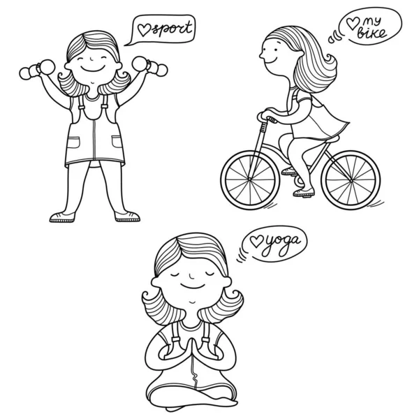 Vector 방식을 흰색으로 여성들의 세트이다 자전거타고 운동하는 소녀는 — 스톡 벡터