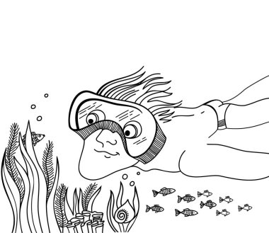 Yüzme maskesiyle su altında yüzen bir adam. Beyaz üzerine izole edilmiş vektör el çizimi. Su altında, mercan kayalıklarında, balıklarda.