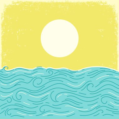 Deniz dalgaları soyut posteri. Vector vintage deniz manzarası ufku. Tasarım için eski kağıt zemin üzerinde deniz minimalist modern çizgi sanat mavi klasik manzara illüstrasyonu