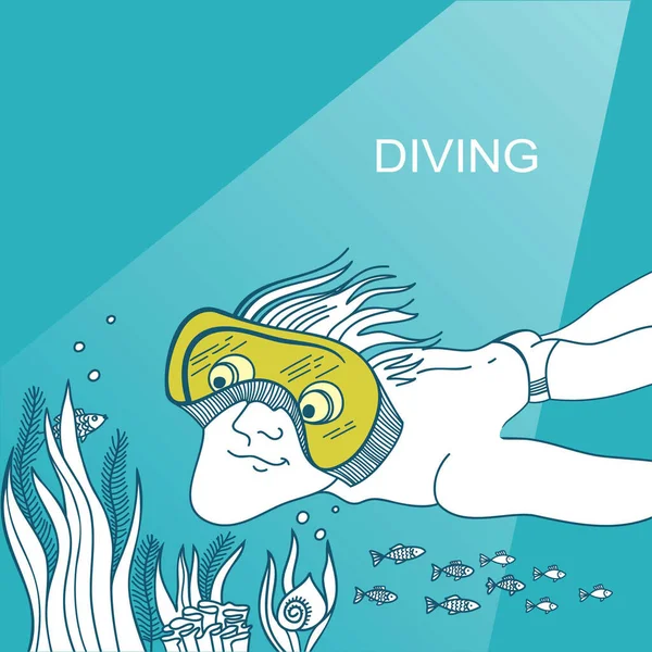 Diving Man Swimming Underwater Sea Swimming Mask Vector Hand Drawn – Stock-vektor