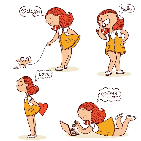 Set Young Girls Daily Activities Vector Color Hand Drawn Healthy — 스톡 벡터