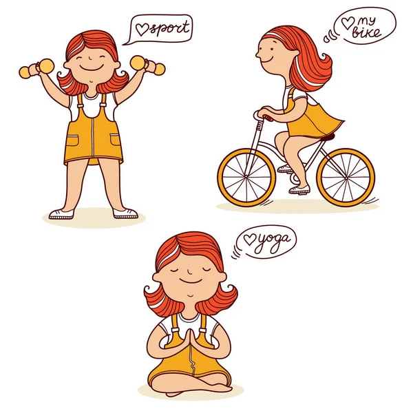 활동을 소녀들의 세트는 흰색으로 방식을 그렸다 자전거타고 운동하는 소녀는 — 스톡 벡터