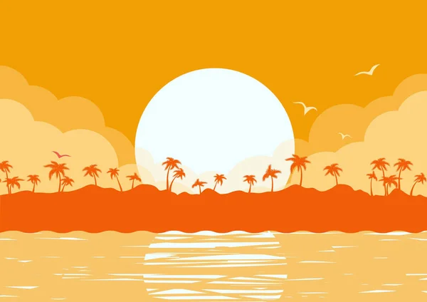 Tropical Island Vector Poster Sunset Clouds Sea Waves Palms Silhouette — Stock Vector