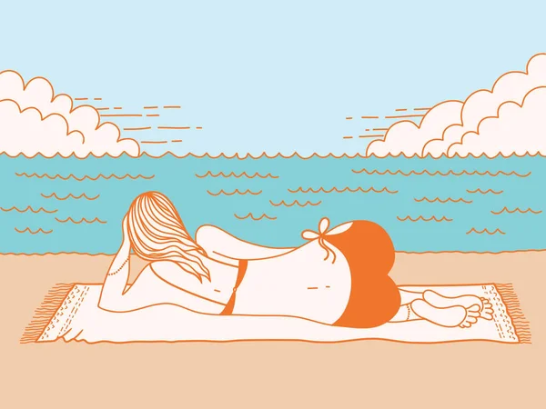 Young Woman Lies Beach Summer Sun Day Vector Colors Hand — Stock Vector