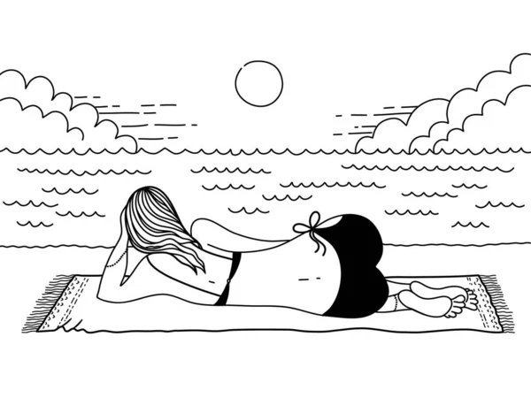 Young Woman Lies Beach Summer Sun Day Vector Hand Drawn — Stock Vector