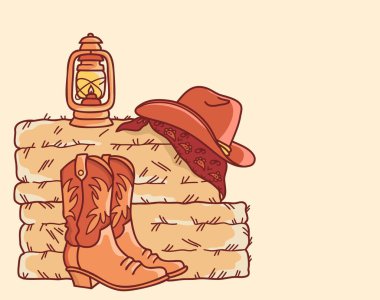 Cowboy boots and cowboy hat Country farm background with straw and hay on the floor of hayloft. Vector hand drawn vintage cowboy illustration