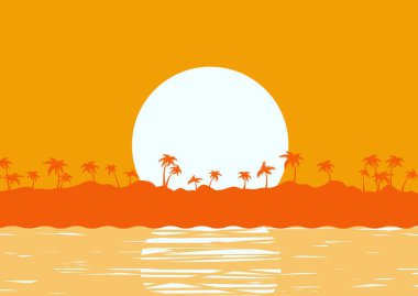 Poster ufku üzerinde güneş, deniz dalgaları ve palmiye silueti olan tropik ada vektör posteri tasarım için deniz manzarası
