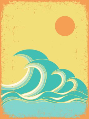 Okyanus büyük dalgalar eski kağıt sırtında güneş ışığı olan vintage poster. Deniz minimalist modern çizgi sanat resimleme arka planı