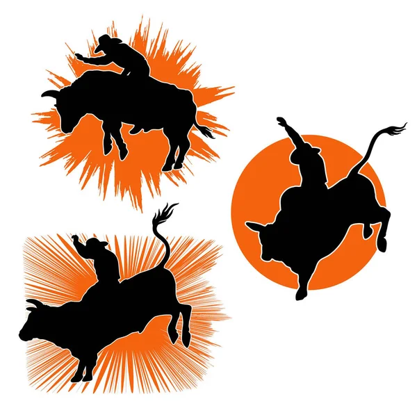Rodeo Bull Set Symbols Vector Illustration Isolated White Cowboy Riding — Stockvector