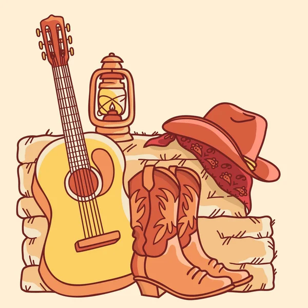 Fondo Música Country Con Guitarra Acústica Botas Vaquero Americanas Sombrero — Vector de stock