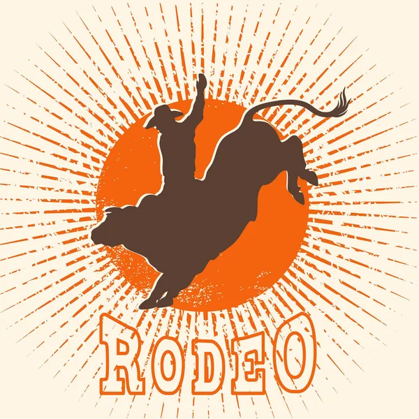 Etiqueta Vetorial Touro Rodeio Cowboy Montando Touro Selvagem Símbolo Ilustração — Vetor de Stock
