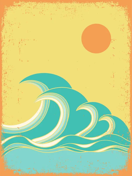 Ocean Big Waves Vintage Poster Sunshine Old Paper Backgroound Sea — Stock Vector