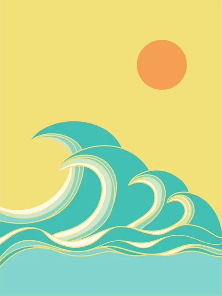 Ocean Big Waves Poster Sunshine Abstract Background Sea Art Landscape — Vettoriale Stock