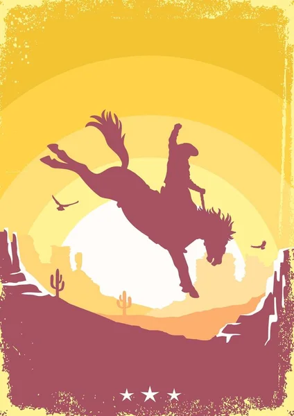 Cowboy Silhouette Driving Wild Horse Rodeo Vector Arizona Desert Poster — 스톡 벡터