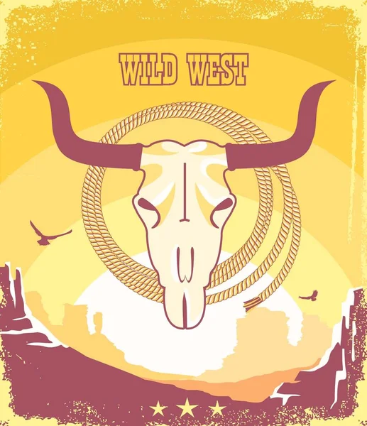 Western Vintage Poster Background Buffalo Skull Cowboy Lasso Vector Wild — Stock Vector