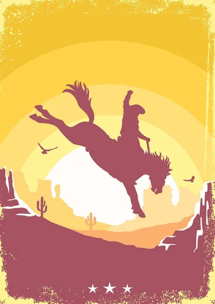 Cowboy Silhouette Driving Wild Horse Rodeo Vector Arizona Desert Poster — Stockvektor